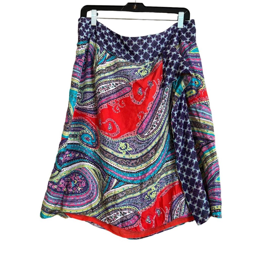 Silk Paisley Geometric Print Skirt Faux Wrap Sz 16 Vibrant Red Purple Zip‎